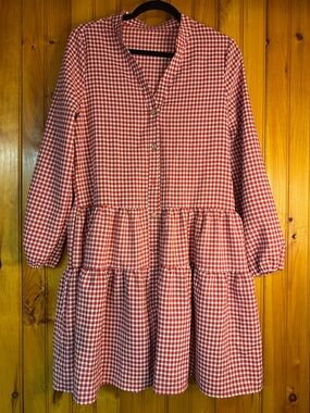 Kohl's Red and White Gingham Tiered Button-Front Midi Dress